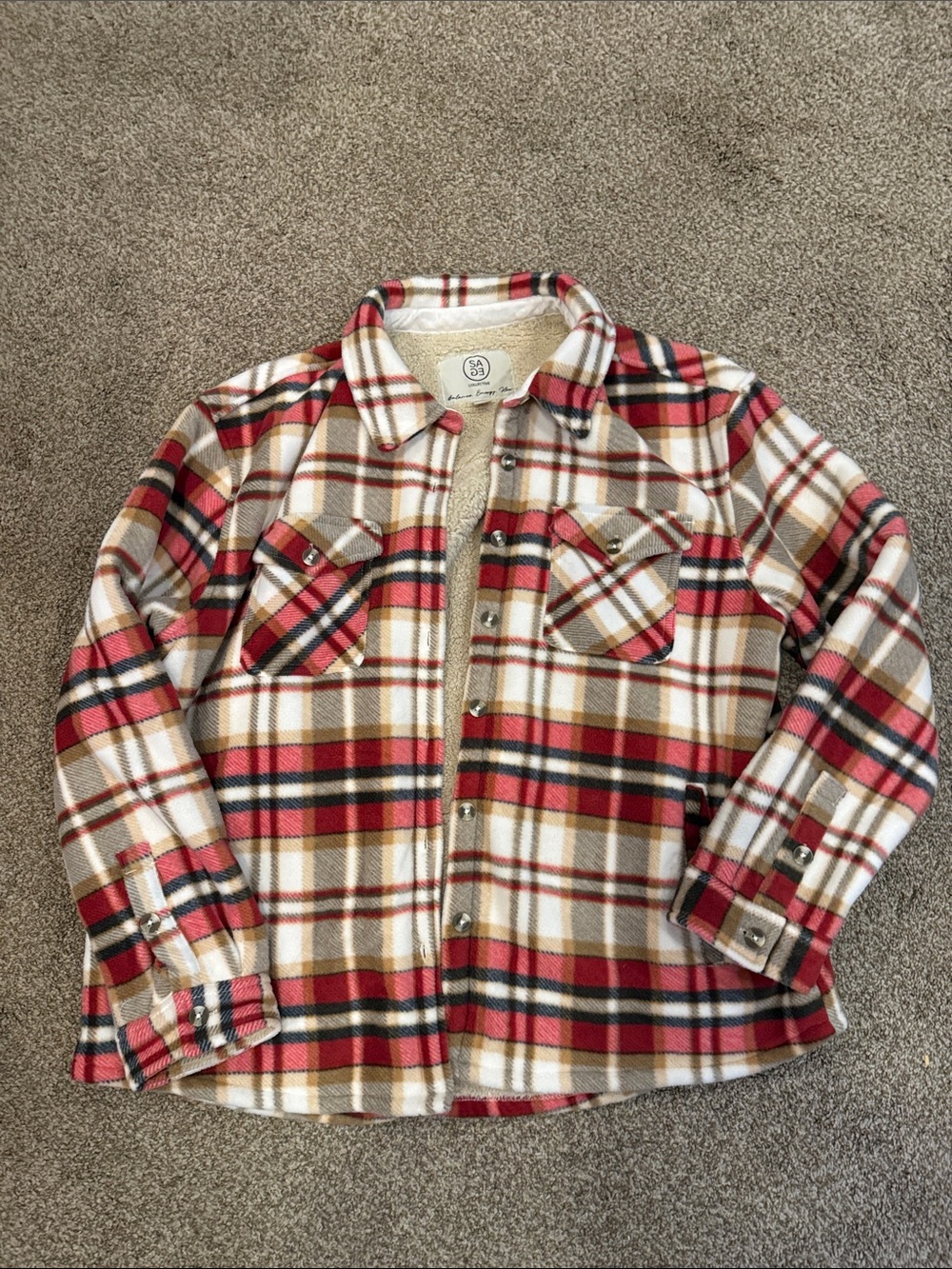 Sage Red Cream and Tan Plaid Sherpa-Lined Jean Jacket
